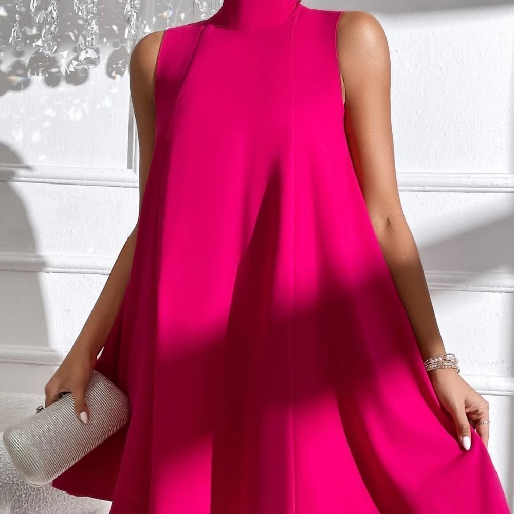 Hot Pink Preppy Womens Tie Back High Neck Tank mini Dress - Picture 3 of 5